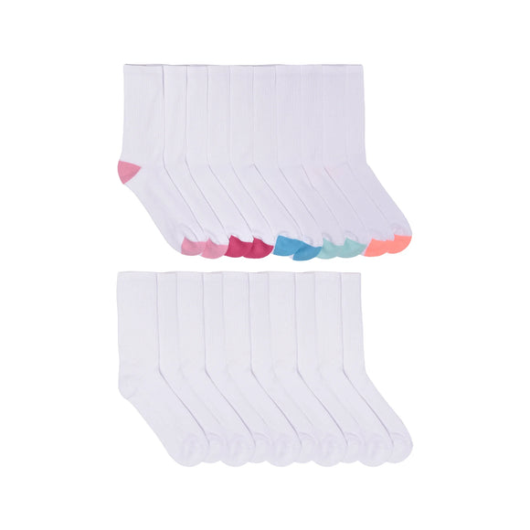 Girls Cushioned Crew Socks, 10-Pack, Sizes S (6-10.5) - L (4-10)