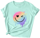 Pastel Smiley Face Drip T-Shirt for Girls – Mint Rainbow Wink Tee | Youth Sizes-1