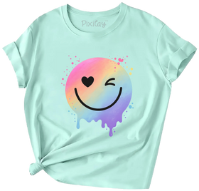 Pastel Smiley Face Drip T-Shirt for Girls – Mint Rainbow Wink Tee | Youth Sizes