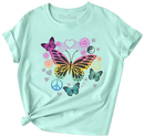 Retro Butterfly Vibes T-Shirt for Girls – Peace, Love & Rainbow Tee | Mint Green | Youth Sizes-1