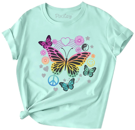 Retro Butterfly Vibes T-Shirt for Girls – Peace, Love & Rainbow Tee | Mint Green | Youth Sizes