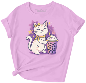 Cute Cat & Boba Bubble Tea T-Shirt – Kawaii Graphic Tee for Girls | Youth Sizes