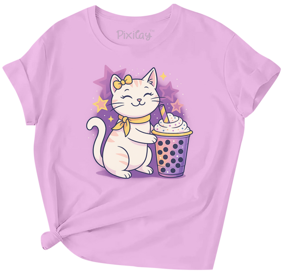 Cute Cat & Boba Bubble Tea T-Shirt – Kawaii Graphic Tee for Girls | Youth Sizes