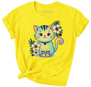 Cute Rainbow Cat & Flowers T-Shirt – Bright Yellow Kawaii Tee for Girls | Youth Sizes-1
