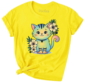 Cute Rainbow Cat & Flowers T-Shirt – Bright Yellow Kawaii Tee for Girls | Youth Sizes