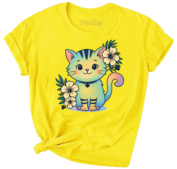Cute Rainbow Cat & Flowers T-Shirt – Bright Yellow Kawaii Tee for Girls | Youth Sizes
