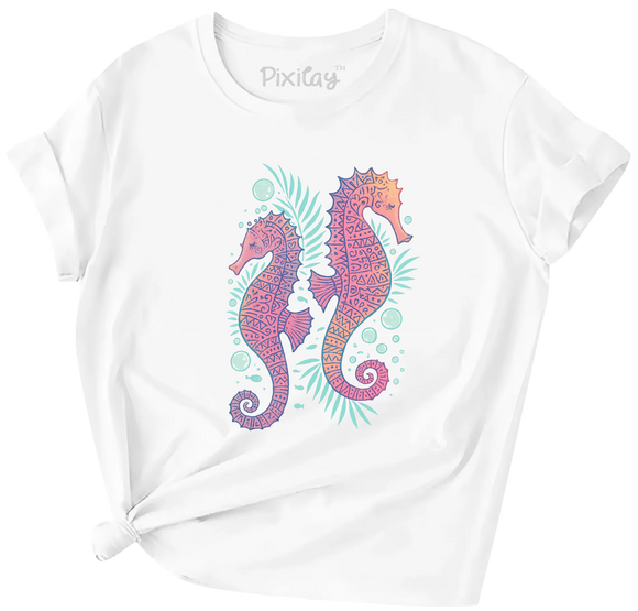 Whimsical Seahorse Duo Kids T-Shirt – Ocean-Inspired Pastel Tee | Youth Sizes