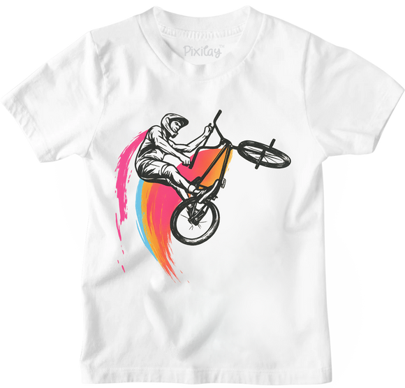 BMX Stunt Rider T-Shirt for Boys – White Extreme Sports Graphic Tee | Youth Sizes