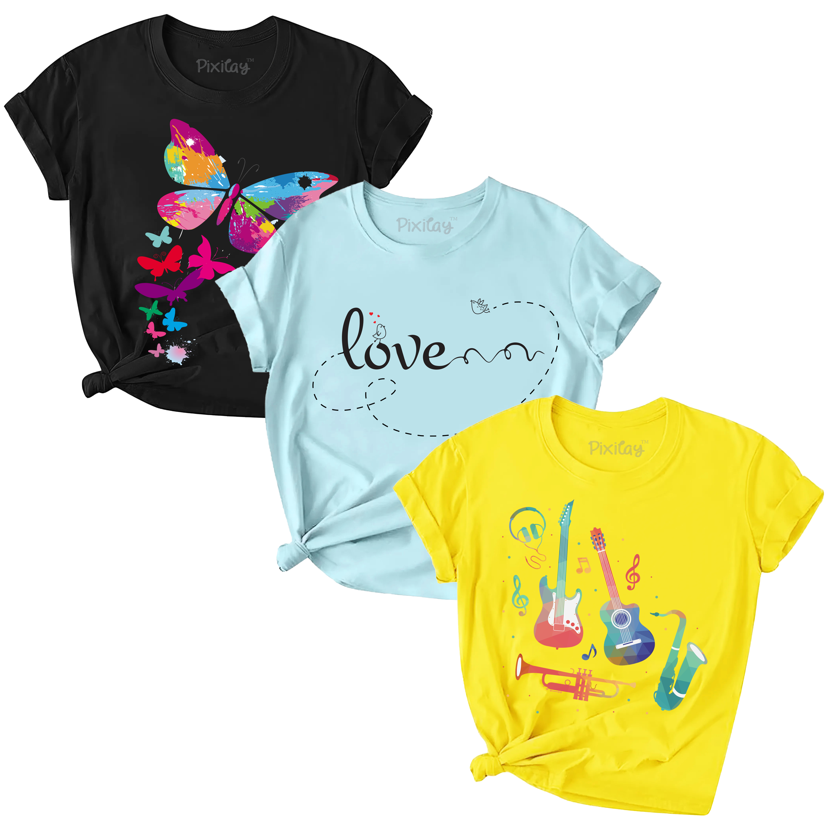 Girls 3-Pack-Butterfly-Love-Guitars Graphic Tee Sizes 4-18