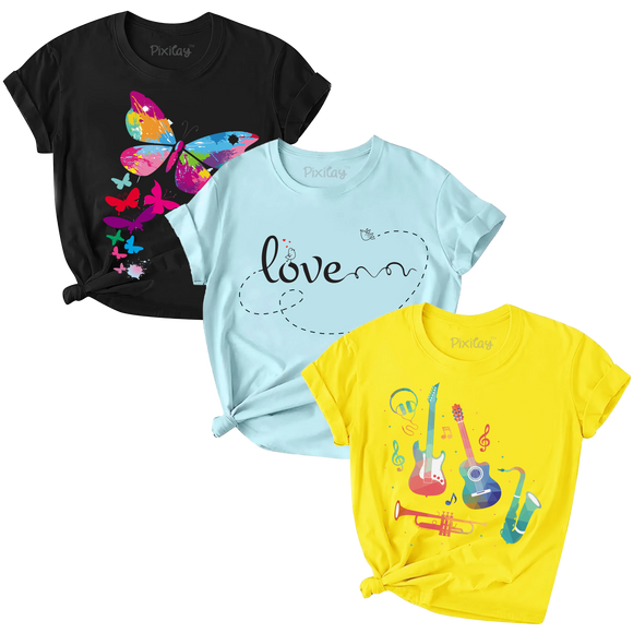 Girls 3-Pack-Butterfly-Love-Guitars Graphic Tee Sizes 4-18