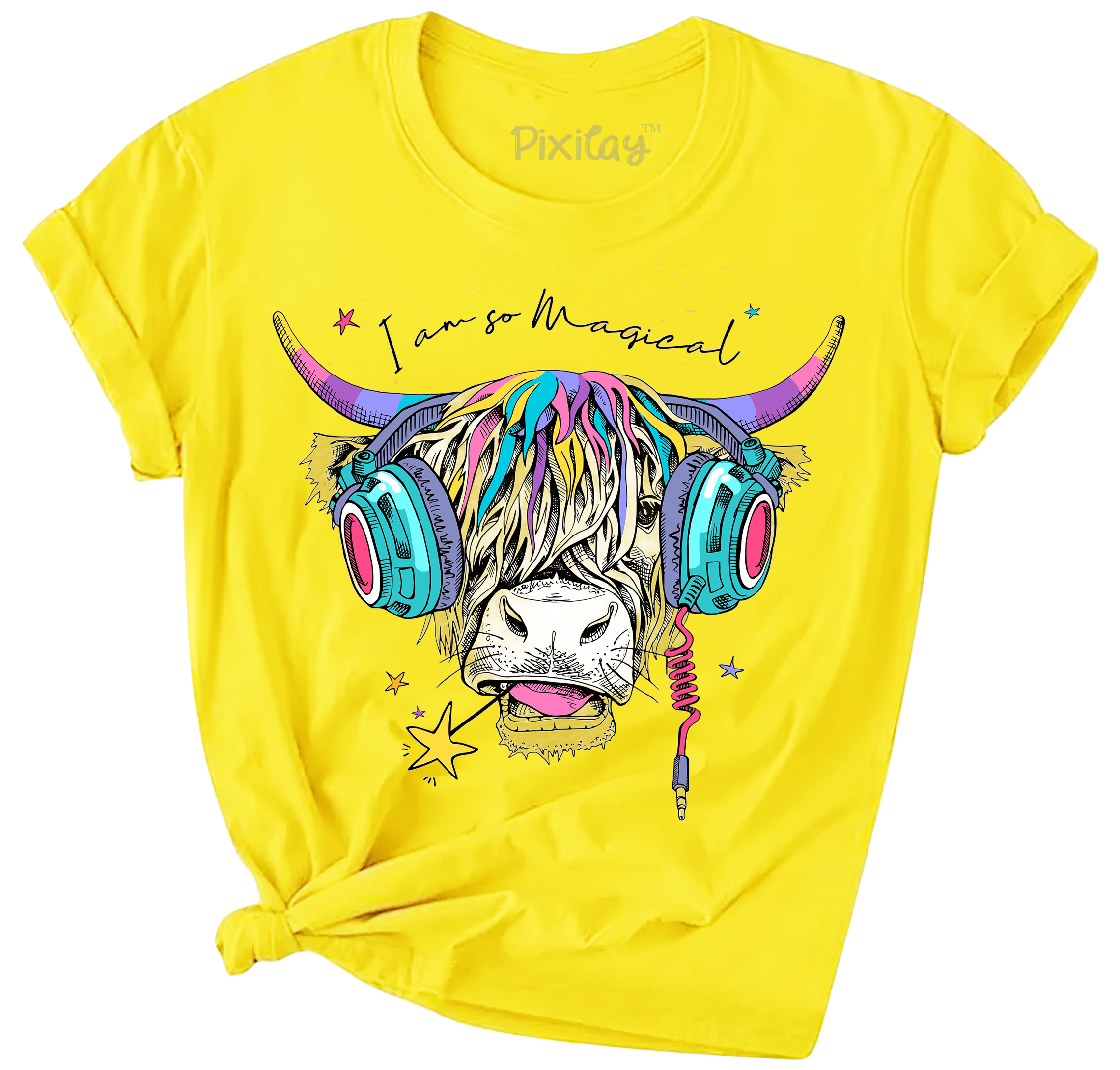 Buy yellow Girls Scottish Cow Graphic Short Sleeve T-Shirt