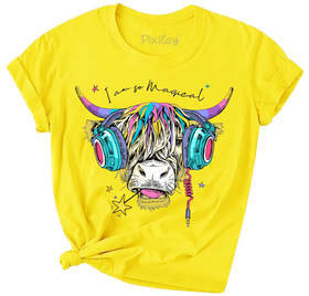 Buy yellow Girls Scottish Cow Graphic Short Sleeve T-Shirt