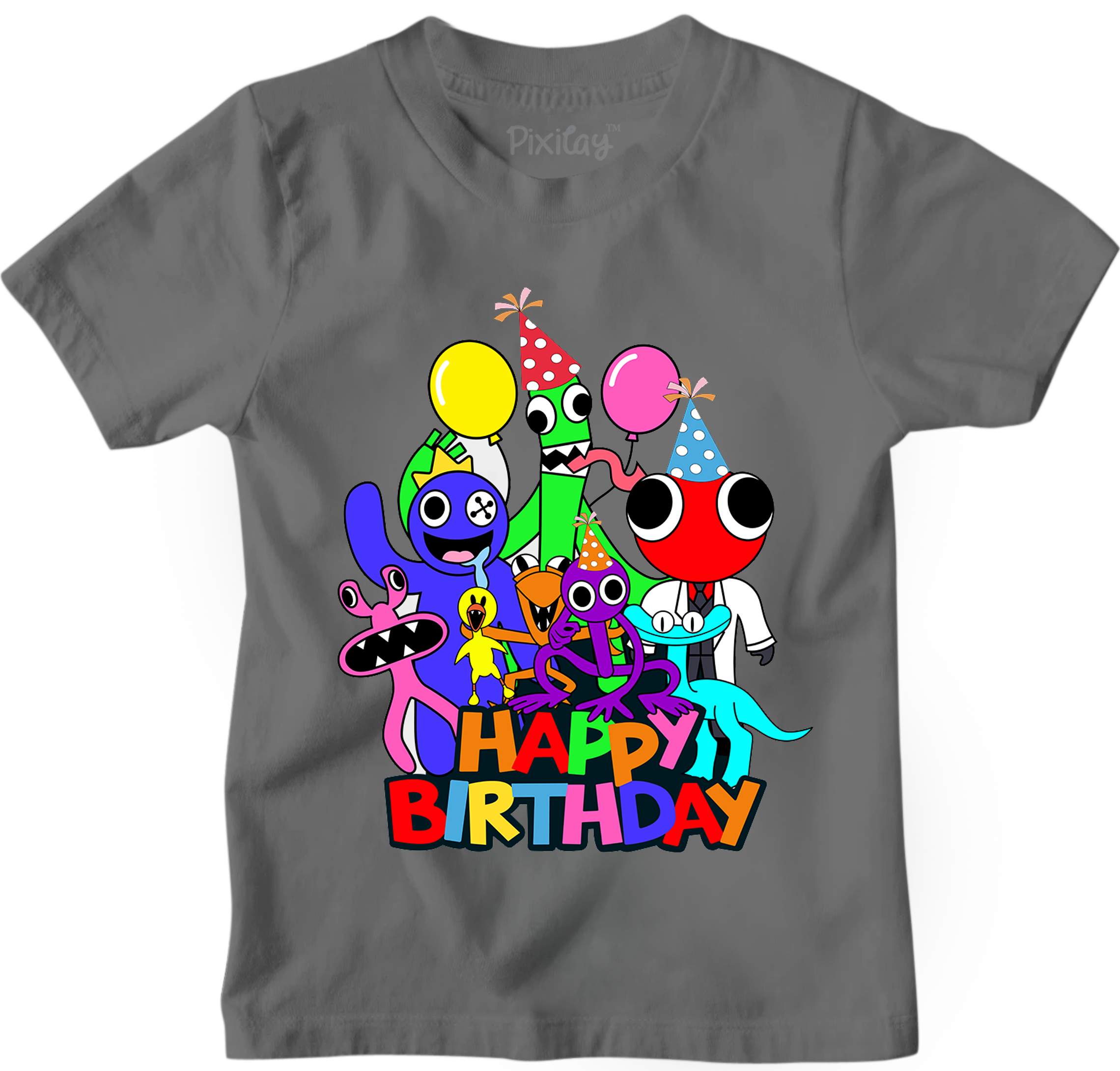 Buy gray Kids Unisex Birthday Rainbow Short Sleeve T-Shirt